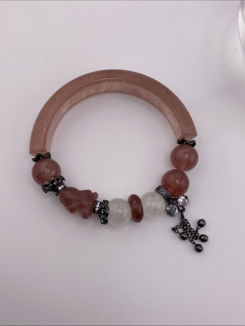 Authentic Strawberry Quartz Half-Bangle Carved Cat Charm Bracelet